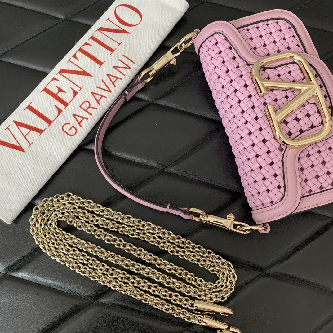 Valentino Garavani Loco Small Shoulder Bag in Pink Metallic Woven Leather 